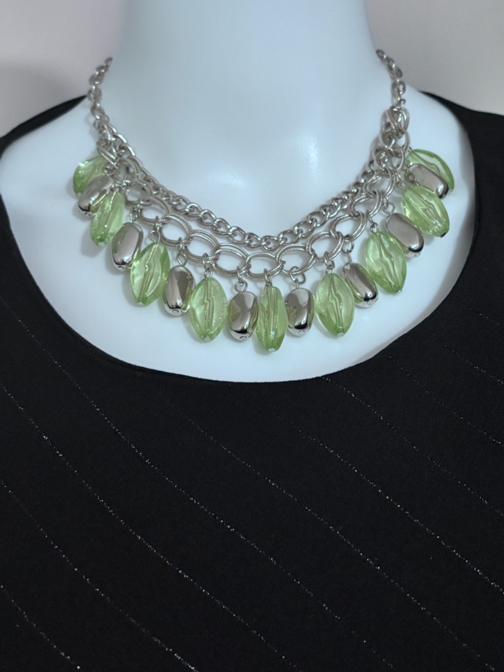 Vintage Silver Chain Necklace with Light Green Glass Drops
